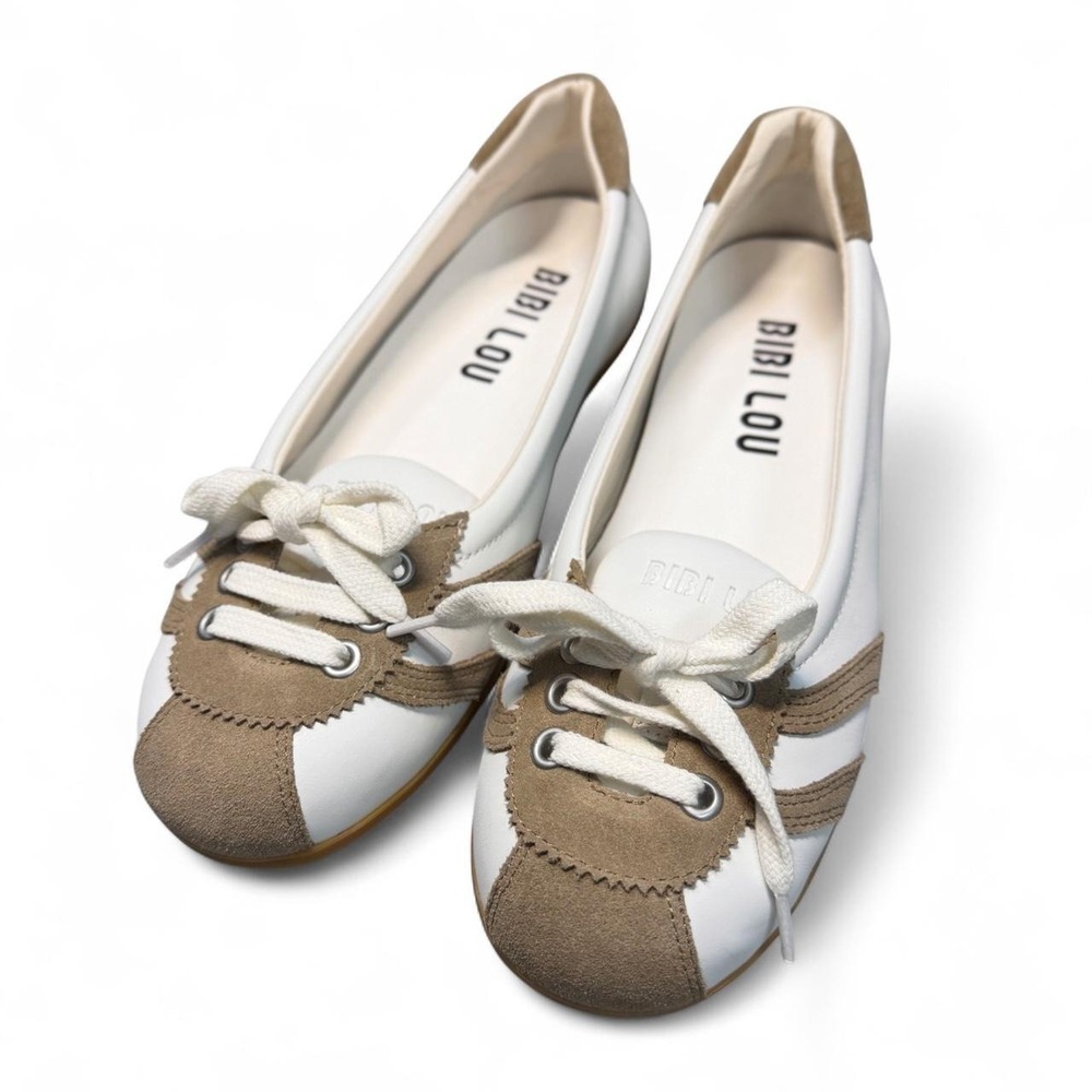 Bibi Lou Sneaker-Inspired Ballet Flats in White & Taupe Suede - Size 39